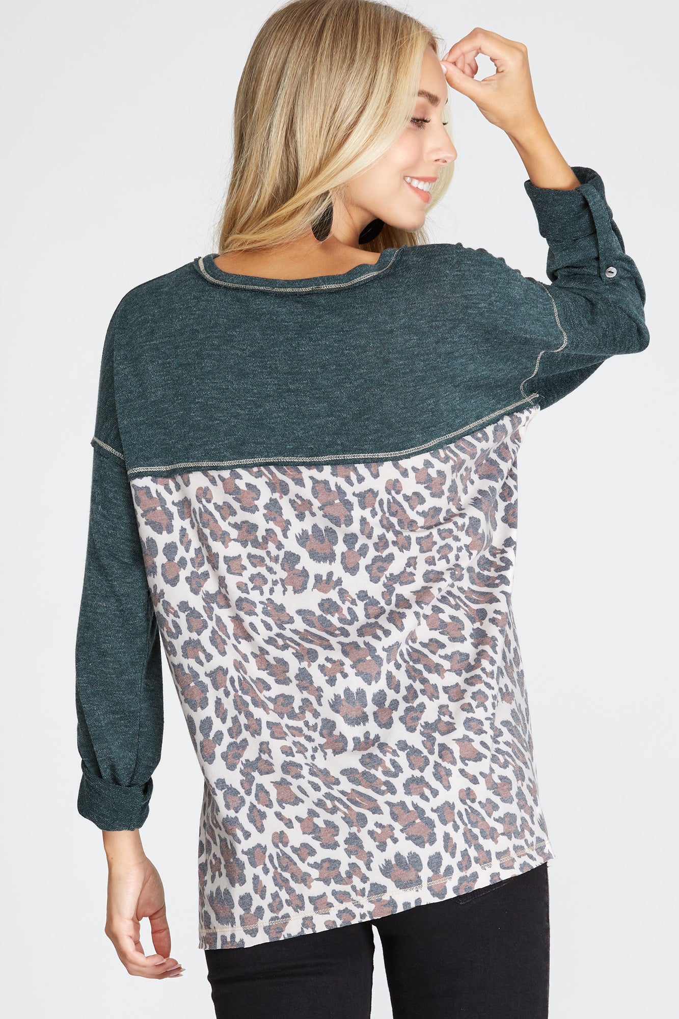 Green long sleeve shirt with cheetah print
