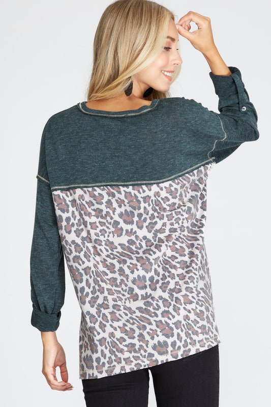 Green long sleeve shirt with cheetah print