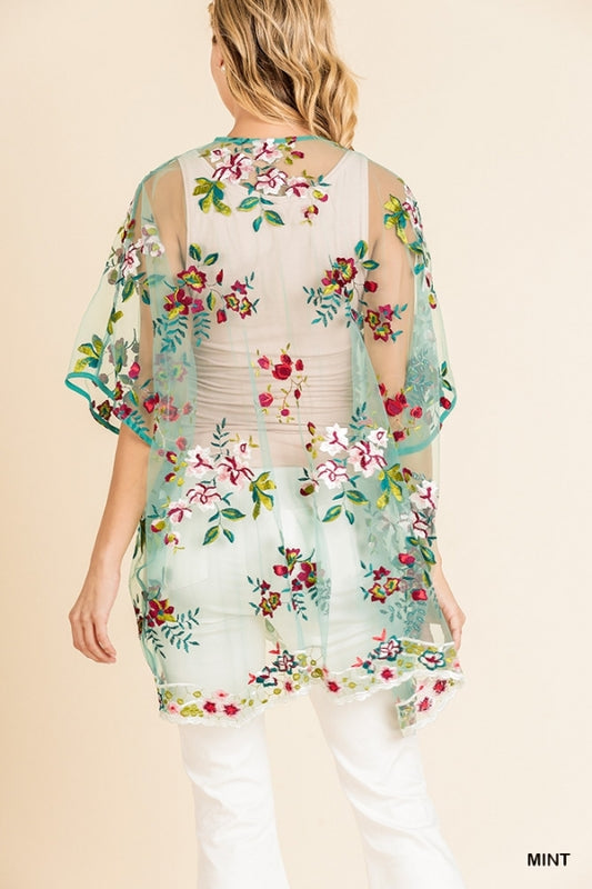 Embroidered Floral Mint Kimono