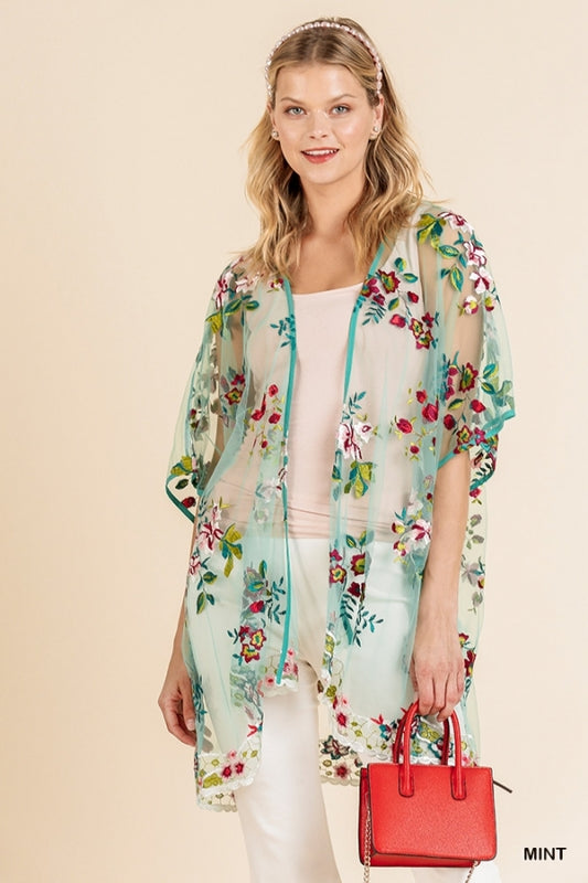 Embroidered Floral Mint Kimono